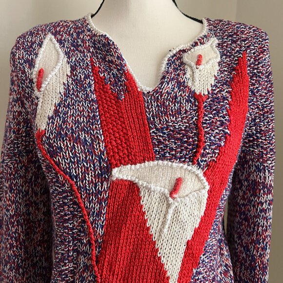 Vintage Calla Lily Knit Sweater Orange & White Size Small - Picture 3 of 9